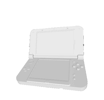 A rotating model of a Nintendo 3DS gaming console